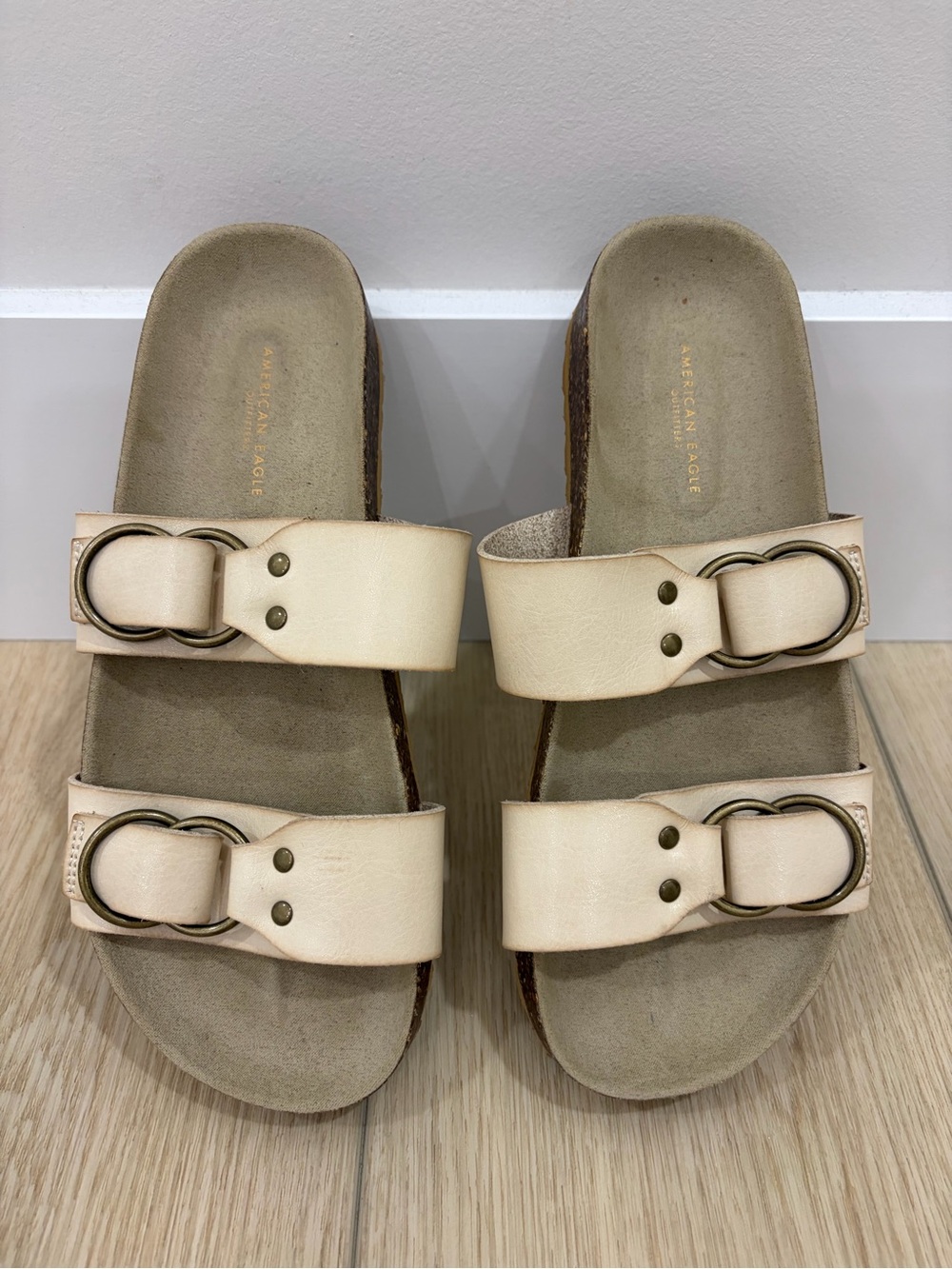 American Eagle Casual Comfort Cork Footbed Boho Cream Double-Buckle Slide Sanda